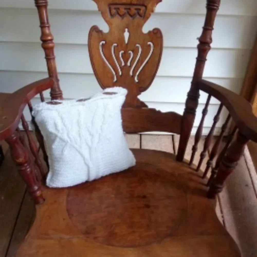 Hand Crafted Knit Throw Pillow White Leaf Button Cable Home Decor Cabin Original